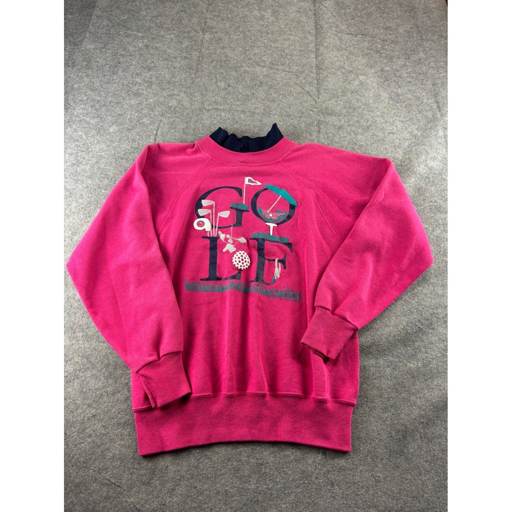 VTG Brindar Golf Sweatshirt Pink Mock Neck Graphic Pullover M Prep Grandmacore